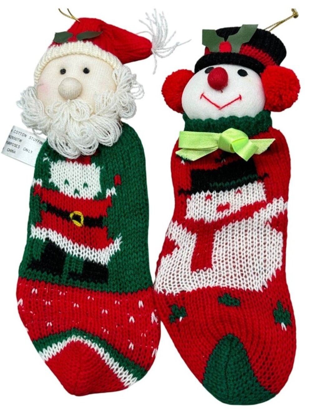 Vintage Knit Santa Claus & snowman Yarn Beard Sock Christmas Tree Ornament READ